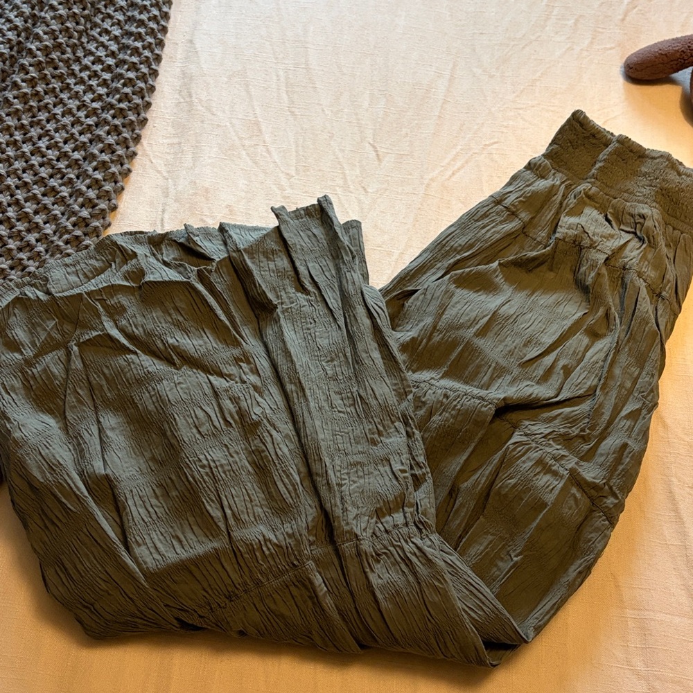 Free People Olive Wide-Leg Crinkle Pants